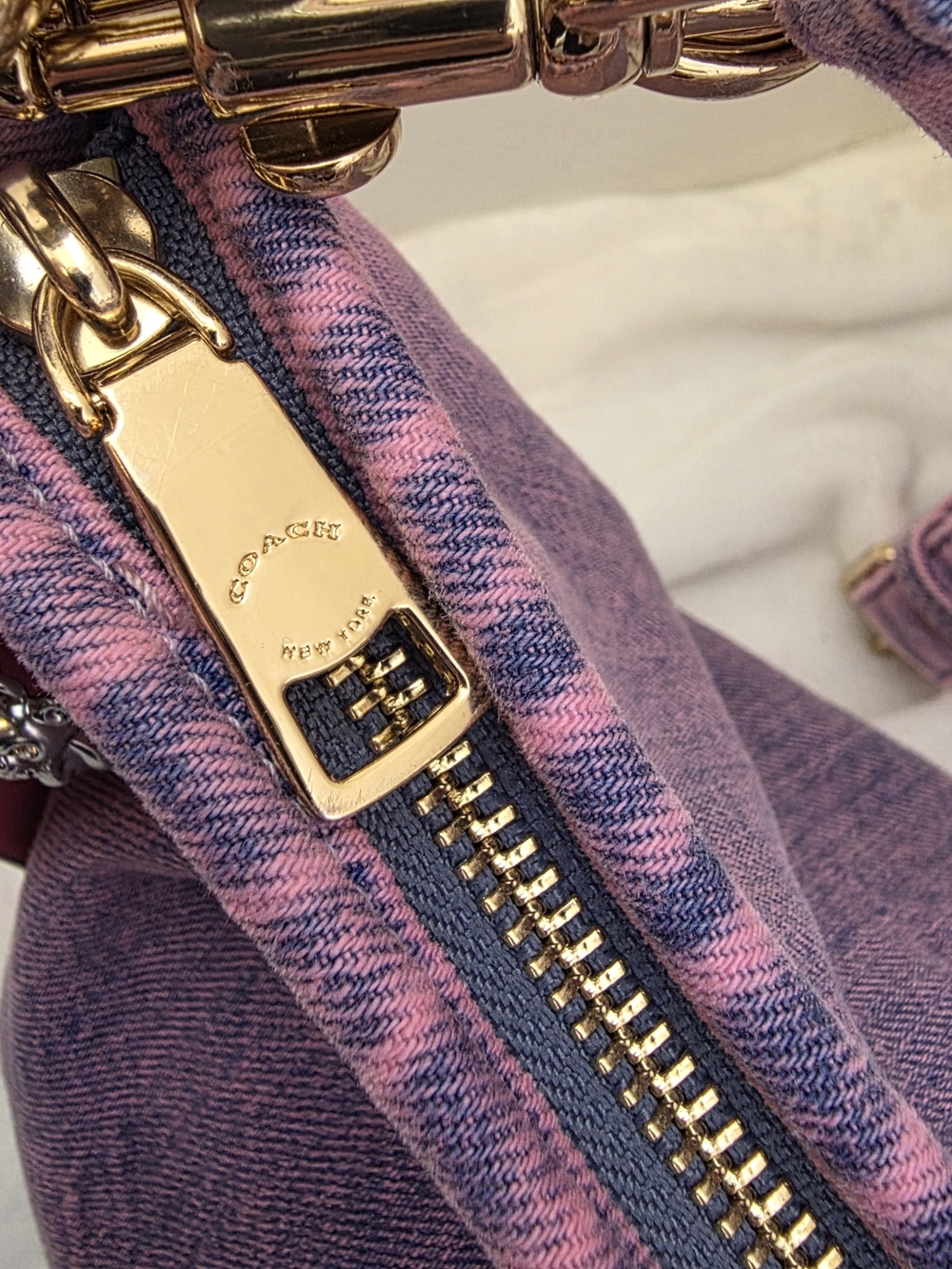 Custom Hand-Dyed Pink Coach Laurel Shoulder Bag | Reworked Denim with Charms - Picture 15 of 15